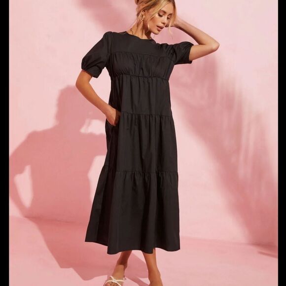 BLACK TIERED MAXI DRESS - Picture 1 of 7